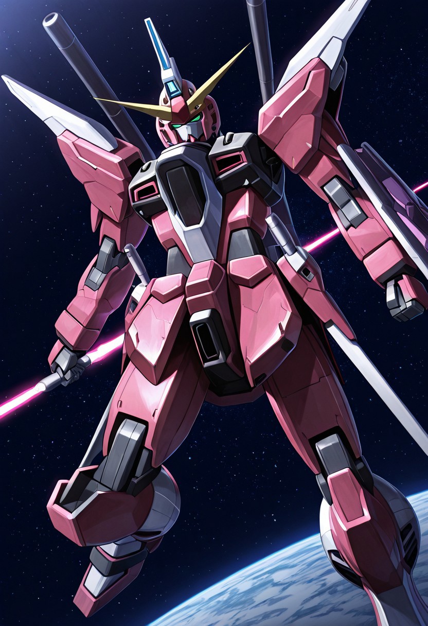 score_9, score_8_up, score_7_up, score_6_up, score_5_up, score_4_up, 4k quality, highly detailed, (infinite justice, gundam, mecha), best quality, masterpiece, floating in space