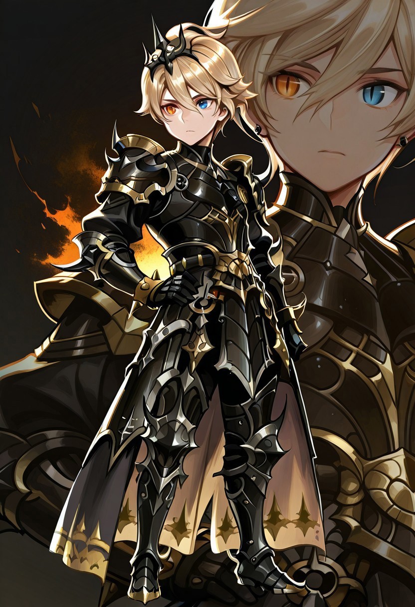 ace (seven knights), blackspikes, blonde hair, short hair, swept hair, slit pupils, heterochromia, orange eyes, looking to the side, hair ornament, black armor, greaves, hand on hip, solo, zoom layer, dark background