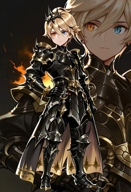 ace (seven knights), blackspikes, blonde hair, short hair, swept hair, slit pupils, heterochromia, orange eyes, looking to the side, hair ornament, black armor, greaves, hand on hip, solo, zoom layer, dark background