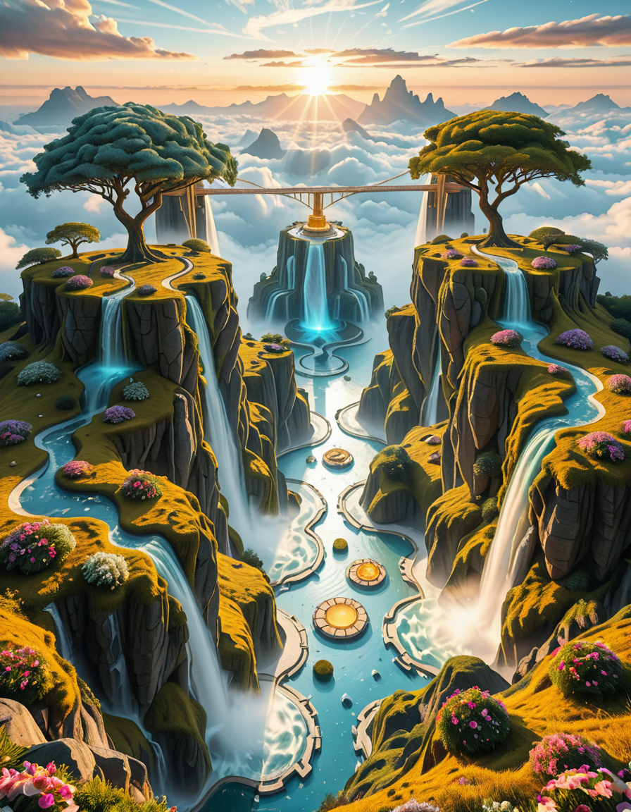 A mesmerizing celestial background featuring an otherworldly paradise. Towering crystalline mountains with peaks that glow softly under a sky painted in shifting hues of iridescent blues, pinks, and golds. Rivers of liquid light flow through vast, open meadows filled with luminescent flowers that pulse with a gentle glow. Gigantic, translucent trees with silver leaves sway in a breeze that carries floating particles of golden dust. Suspended bridges made of shimmering energy connect ancient, floating monoliths engraved with intricate celestial patterns. In the distance, an enormous radiant waterfall cascades into a bottomless, mist-covered abyss, reflecting the surrounding ethereal glow. A tranquil atmosphere, untouched and divine, filled with an overwhelming sense of wonder and serenity.
<lora:SDXLFaeTastic2400:0.4> <lora:extremely_detailed:0.4> extremely detailed,heavenly l4ndsc4p3, <lora:heavenly_l4ndsc4p3-i:1>, Masterpiece,best quality,hi res,8k,hi res,8k,award winning,(sharp focus, intricate, highly detailed),