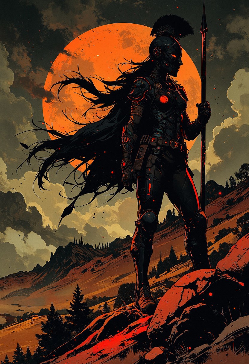 in the style of ck-mgs, nistyle, Inkplash art on rice paper, sepia, henna, Silhouette Art, magnificent, inksplash, closeup portrait, female spartan warrior, flowing black hair, reflective black and neon red armor, armor, holding a spear, abstract background suggesting a mountain top, overlooking a village in a valley, midnight atmosphere, moonlight, moon rays, night, Cowboy Shot, close up,