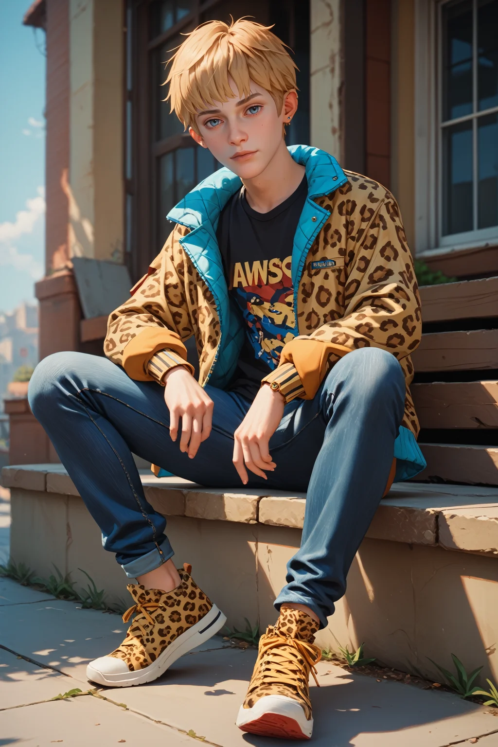 score_9, score_8_up, score_7_up, score_6_up
<lora:LISCSpirit:0.8>
LISCSpirit, 1boy, blonde hair, blue eyes, short hair, looking at viewer, Leopard print bomber jacket, black skinny jeans, high-top sneakers, sitting, full body