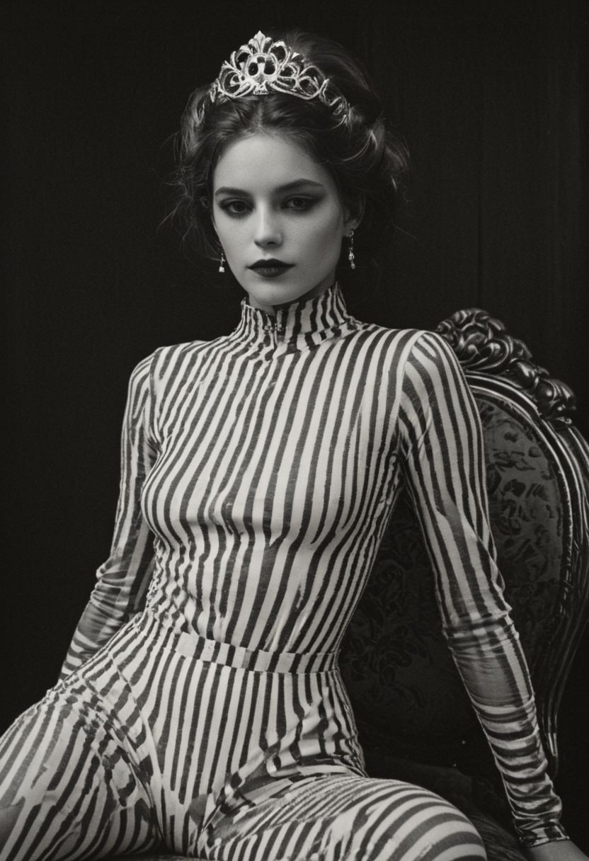 bw-grignani, emphasis lines, horizontal perfect bold lines, perfect align lines, Capture the enigma: A woman sits regally on a lavish throne, her arms casually draped over its ornate arms. Adorned in a white plaster skull mask and a black-and-white striped nylon leotard, paired with over-the-knee striped stockings, she exudes a captivating contrast. Her ensemble is completed with towering white modern heels and a trailing black tulle train. Amidst the opulent surroundings of a Neo Rococo-inspired room, she embodies a fusion of mystery and elegance.. with endless lines guiding the eye.
., atmospheric haze, Film grain, cinematic film still, shallow depth of field, highly detailed, high budget, cinemascope, moody, epic, OverallDetail, 2000s vintage RAW photo, photorealistic, candid camera, color graded cinematic, eye catchlights, atmospheric lighting, imperfections, natural, shallow dof
