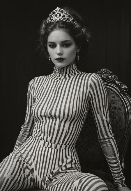 bw-grignani, emphasis lines, horizontal perfect bold lines, perfect align lines, Capture the enigma: A woman sits regally on a lavish throne, her arms casually draped over its ornate arms. Adorned in a white plaster skull mask and a black-and-white striped nylon leotard, paired with over-the-knee striped stockings, she exudes a captivating contrast. Her ensemble is completed with towering white modern heels and a trailing black tulle train. Amidst the opulent surroundings of a Neo Rococo-inspired room, she embodies a fusion of mystery and elegance.. with endless lines guiding the eye.
., atmospheric haze, Film grain, cinematic film still, shallow depth of field, highly detailed, high budget, cinemascope, moody, epic, OverallDetail, 2000s vintage RAW photo, photorealistic, candid camera, color graded cinematic, eye catchlights, atmospheric lighting, imperfections, natural, shallow dof