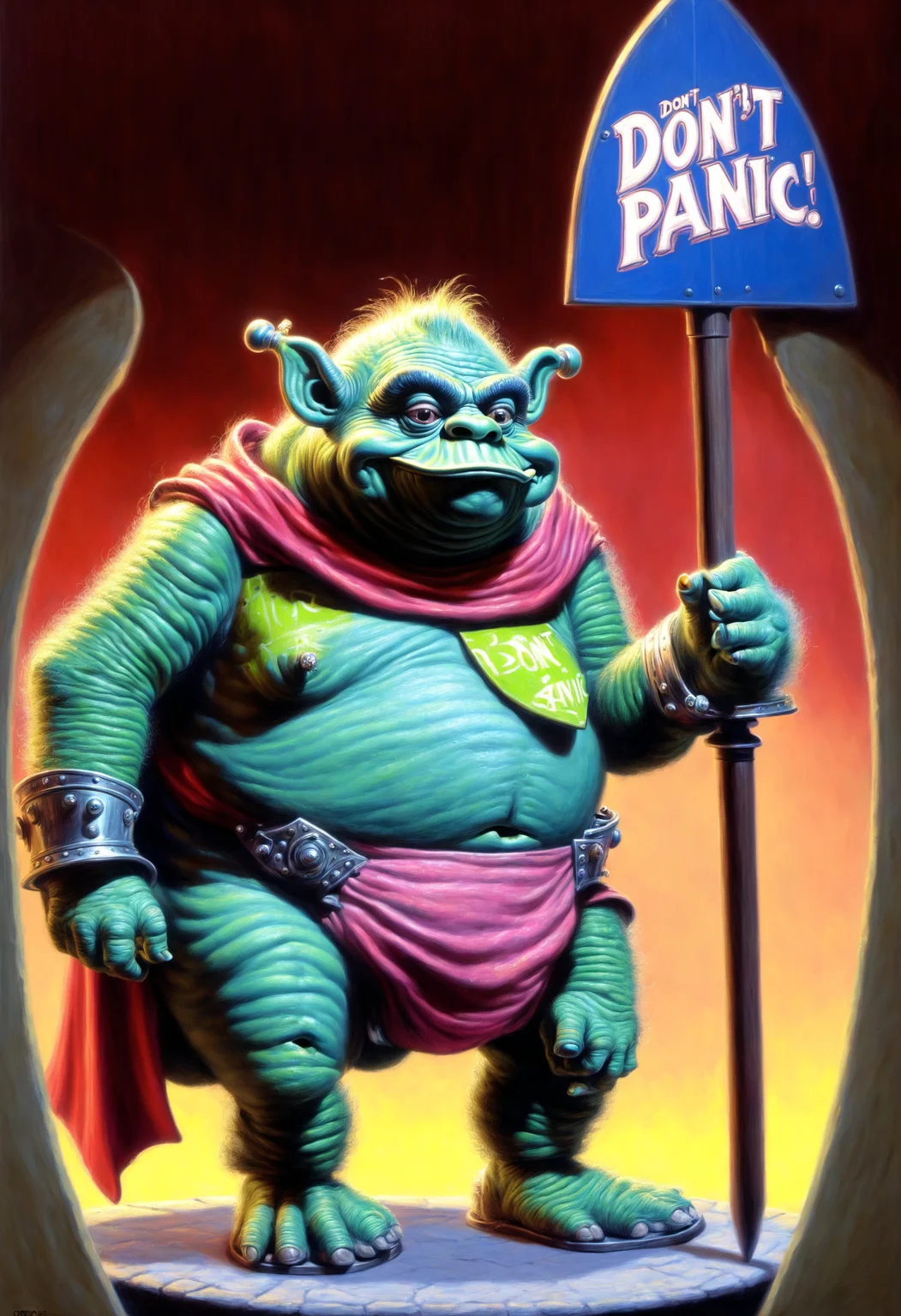 DonMD0n7P4n1cXL, text "DON'T PANIC!", male gamorrean, oracle,musketeer, shield  <lora:DonMD0n7P4n1cXL:1>