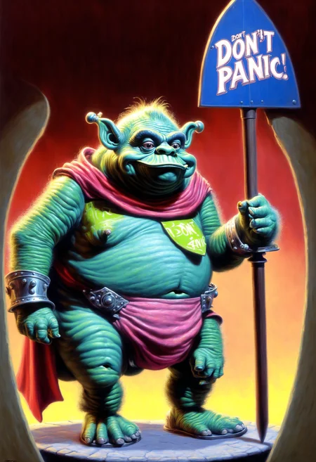 DonMD0n7P4n1cXL, text "DON'T PANIC!", male gamorrean, oracle,musketeer, shield  <lora:DonMD0n7P4n1cXL:1>