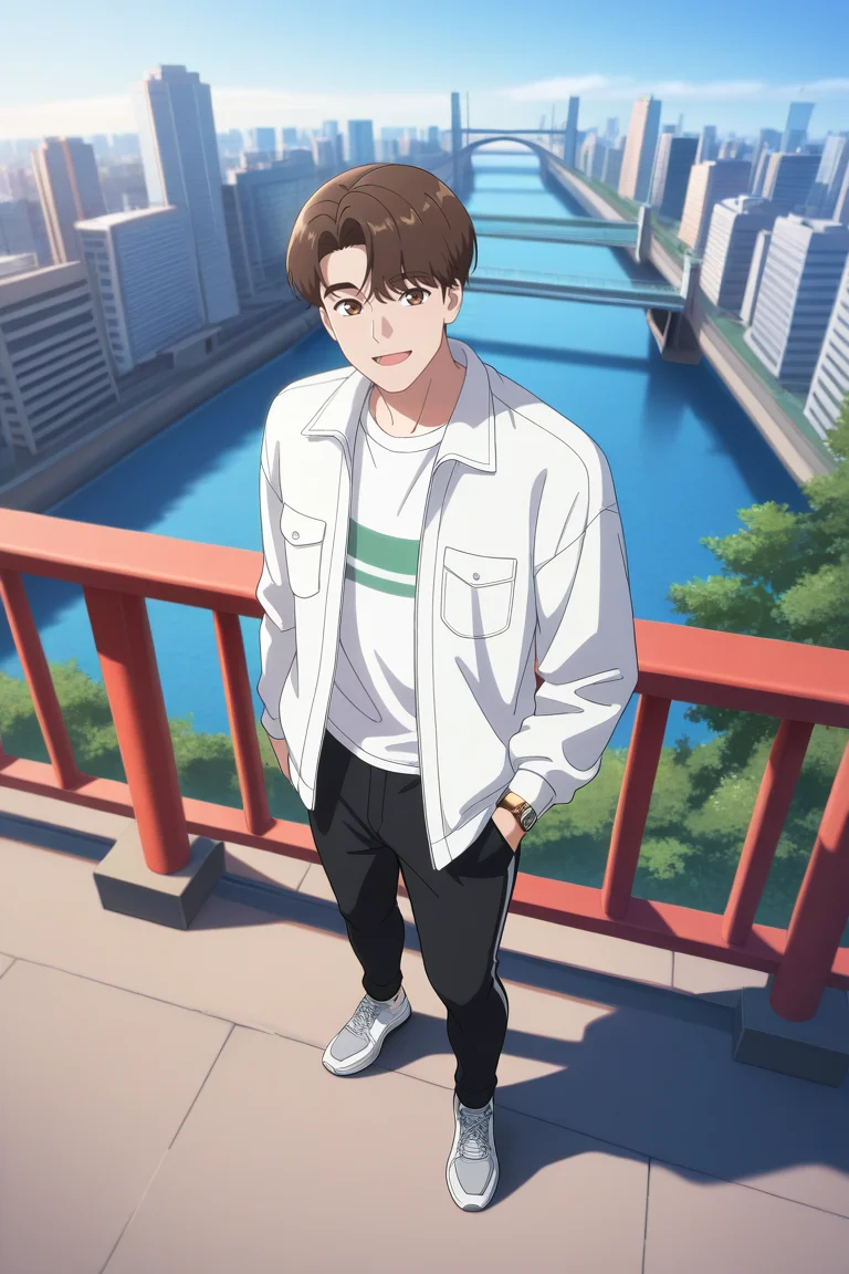 masterpiece, best quality, amazing quality, very aesthetic, high resolution, ultra-detailed, absurdres, newest, scenery, volumetric lighting, depth of field,anime screencap, , , 1boy, solo, male focus, <lora:lee_joon:0.85>, lee joon,brown hair,brown eyes,short hair,side swept,looking at viewer, smile, open mouth, shirt, long sleeves,standing, jacket, white shirt, full body, open clothes, shoes, pants, striped clothes, black pants, white jacket, white footwear, sneakers, pocket, hand in pocket, watch, breast pocket, grey footwear,outdoors,day,citysky,bridge,from above