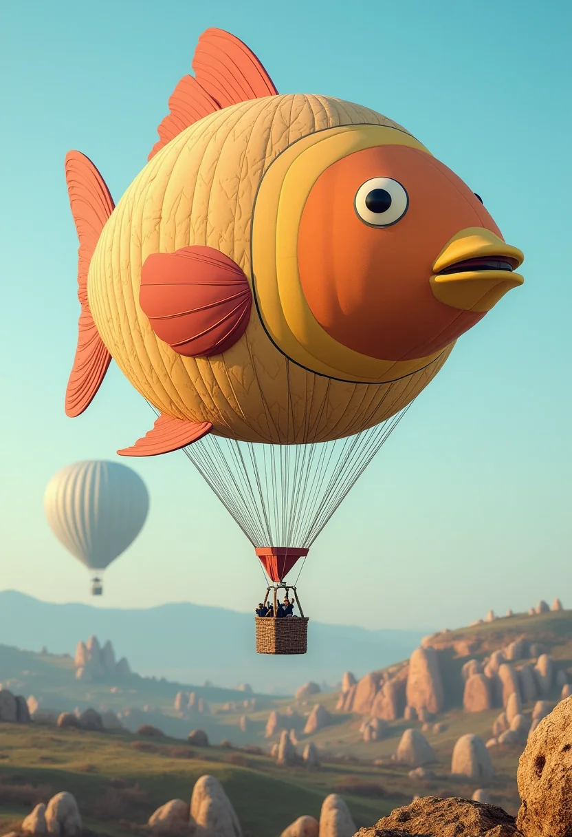 A hot air balloon shaped like a fish, floating over a surreal landscape, high resolution, detailed textures, crisp focus