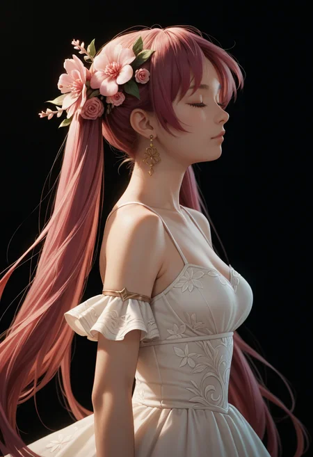 source_anime, score_9,score_8_up,score_7_up,score_6_up,score_5_up,score_4_up,
1girl, solo, magenta hair, hair ornament, long hair, flower, closed eyes, hair flower, jewelry, twintails, dress, earrings, hair ornament, very long hair, bracelet, simple background, black background
