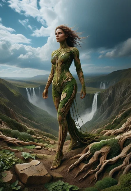 ElementEarth, drath, ral-drptpl, detailerlora, A majestic and colossal female figure, sculpture, made of mountain stones, integral part of the landscape