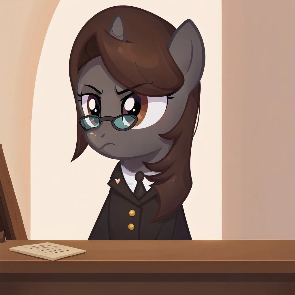 masterpiece, perfect detail, best high quality, source_pony, show accurate, cute, 1girl, solo, female, oc:sonata, glasses, attorney suit, badge on collar, pony, courtroom, defense stand, standing, standing behind desk, front hooves on desk, standing against desk, frown, scenic painting in background, closed mouth, determined look, beautiful, looking offscreen, score_9, score_8_up, score_7_up, score_6_up, score_5_up, score_4_up