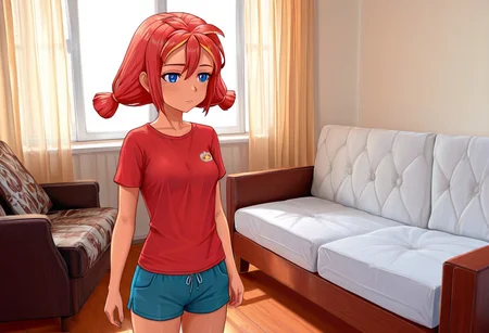 safe, FUlyanaF, 1girl, blue eyes, red hair, short hair, twintails, 1girl, solo, cowboy shot, red shirt, blue shorts, small breasts, beautiful, sexy body,highlights,old sofa , old bed, old tv, indoors,white background, hrushch, cosy, sun rays, window with curtains, ((petite body))