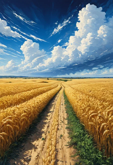 Artwork, anime, cyberpunk, Vibrant Sharp style. A lone dirt path winds through an endless field of golden wheat, leading toward the distant horizon where the sky erupts in a symphony of billowing clouds. Towering formations of cumulus clouds dominate the sky, painted in striking shades of white and deep blue, their voluminous textures masterfully rendered to create depth and movement. Streaks of light pierce through the atmosphere, illuminating patches of the golden field below, highlighting the intricate details of individual wheat stalks swaying in the wind. The perspective draws the viewer's eye toward the vanishing point, creating a sense of vastness and endless possibility. Rendered in a highly detailed, anime-inspired semi-realistic style, this composition captures the breathtaking majesty of an open landscape, where the sky and earth converge in a display of nature's raw beauty.
