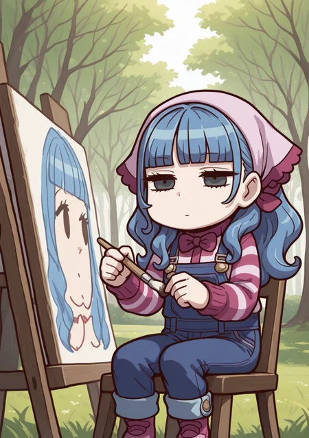 masterpiece, best quality, absurdres, perfect lighting,shiny skin,<lora:StS-Illustrious-Detail-Slider-v1.0:3>,<lora:illustrious_noobai_epsilon_pred_1_best_quality_v1:1>,1girl,Vera Misham,long hair, blue hair,blunt bangs, black eyes, <lora:Vera Misham:0.9>,overalls, striped shirt, long sleeves, bow, animal print, bowtie,hair ornament,jeans,painting \(object\), painting \(action\),holding brush,sitting, chair,outdoors, grass, outdoors, tree, sunlight filtering through the foliage,expressionless,april fools, <lora:FGO_April_Fool:1>