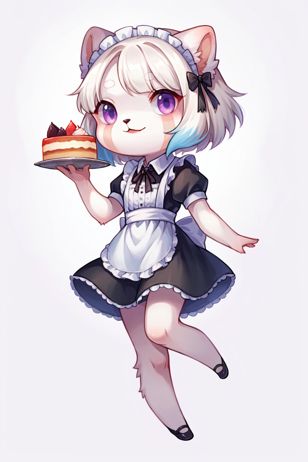 score_9, score_8_up, score_7_up, source_anime, source_furry, highly detailed, 1girl, chibi:0.3, fur, albino anthro red panda with blue dyed hair, cake, albino white fur, purple eyes, maid uniform,  ears drooping,  simple background, white background,  <lora:justduet_SDXLPONY_r70_768_dim32-a4-adamW-000009:0.6>