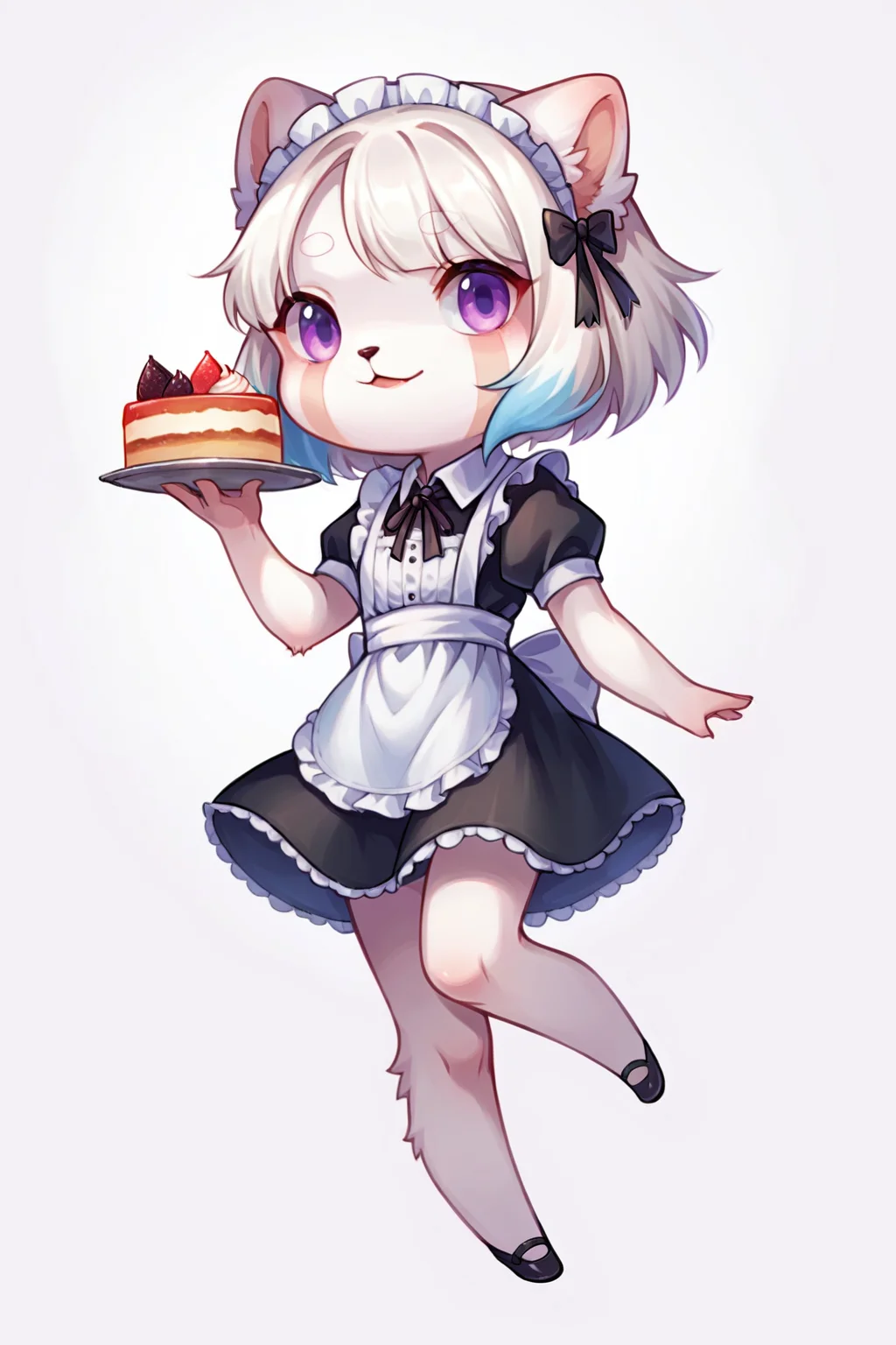 score_9, score_8_up, score_7_up, source_anime, source_furry, highly detailed, 1girl, chibi:0.3, fur, albino anthro red panda with blue dyed hair, cake, albino white fur, purple eyes, maid uniform, ears drooping, simple background, white background, <lora:justduet_SDXLPONY_r70_768_dim32-a4-adamW-000009:0.6>