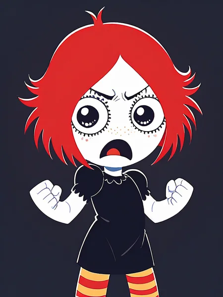 score_9, score_8_up, score_7_up,
1girl, ruby gloom, red hair, short hair, white skin, freckles,
black dress, puffy short sleeves, standing, clenched hands, frown, open mouth, striped legwear, leggings, black background, looking at viewer,