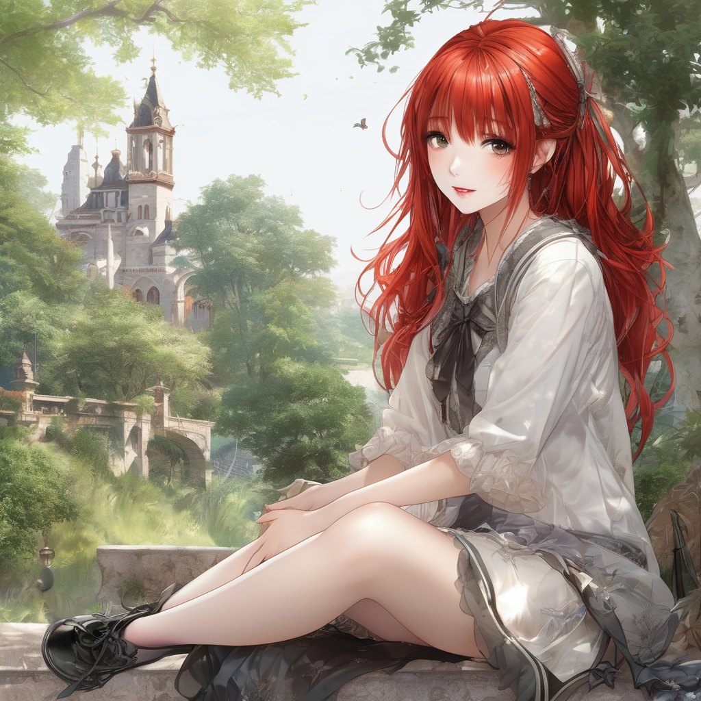 realistic, 1girl, red hair, sitting,  <lora:AnimeStyle_XL_v1_AutoRunMech:2.5>