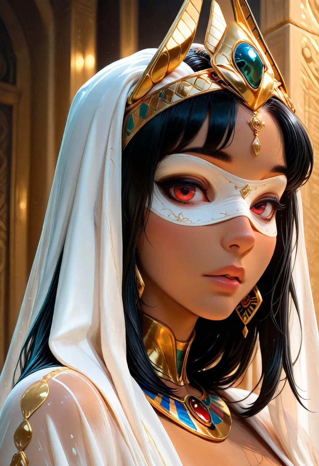 SmoothNoob_Quality, 1girl. a close-up portrait of a woman with a very stylized, ornate egyptian clothing. The subject has a tan skin and full lips, with red eyes. The eyes are covered by an intricately designed see-through white blindfold adorned with gold embellishments and patterns. She wears an egyptian crown with a white richly textured fabric with gold accents, resembling a veil. Her attire includes a robe with gold details and colorful gems, adding to the royal aesthetic. The background is a subtle, light color, enhancing the focus on the subject's elaborate costume and accessories. looking at viewer. black hair. <lora:Smooth_Booster:0.5> <lora:IncaseStyle_NoobAI:0.3> <lora:All_Disney_Princess_-_Illustrious:0.2> <lora:SmoothStyle_Lambda:0.5>