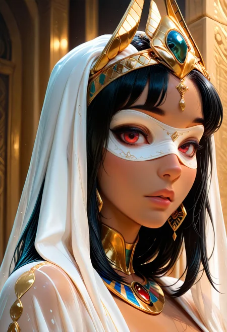 SmoothNoob_Quality, 1girl. a close-up portrait of a woman with a very stylized, ornate egyptian clothing. The subject has a tan skin and full lips, with red eyes. The eyes are covered by an intricately designed see-through white blindfold adorned with gold embellishments and patterns. She wears an egyptian crown with a white richly textured fabric with gold accents, resembling a veil. Her attire includes a robe with gold details and colorful gems, adding to the royal aesthetic. The background is a subtle, light color, enhancing the focus on the subject's elaborate costume and accessories. looking at viewer. black hair. <lora:Smooth_Booster:0.5>  <lora:IncaseStyle_NoobAI:0.3> <lora:All_Disney_Princess_-_Illustrious:0.2>  <lora:SmoothStyle_Lambda:0.5>