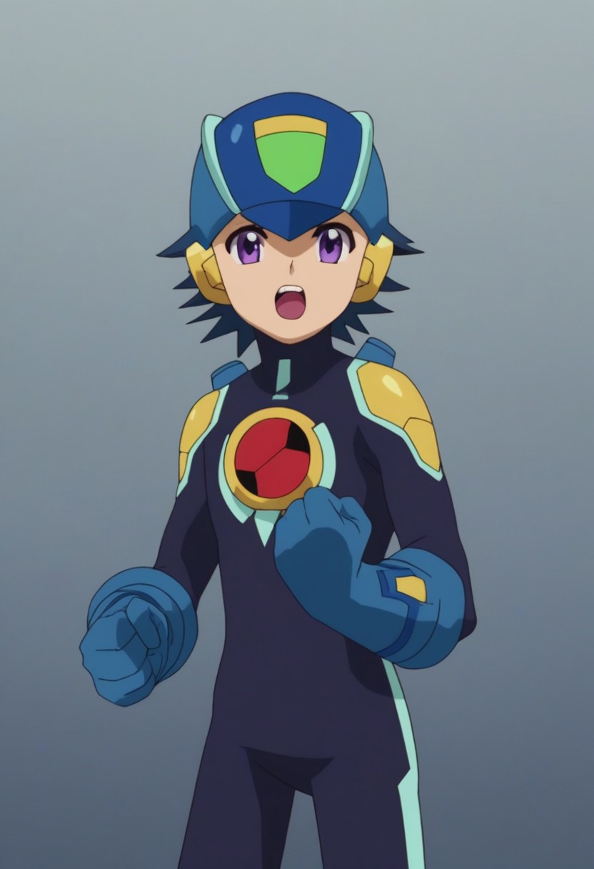 score_9, score_8_up, score_7_up, score_6_up, score_5_up,score_4_up,source_anime
yu-yu kondo, blue hair, purple eyes, black bodysuit, solo, blue gloves, 1boy, male focus, bodysuit, open mouth, blue headwear, arm cannon, weapon, gloves, , teeth, clenched hand, looking at viewer, upper teeth only, cowboy shot