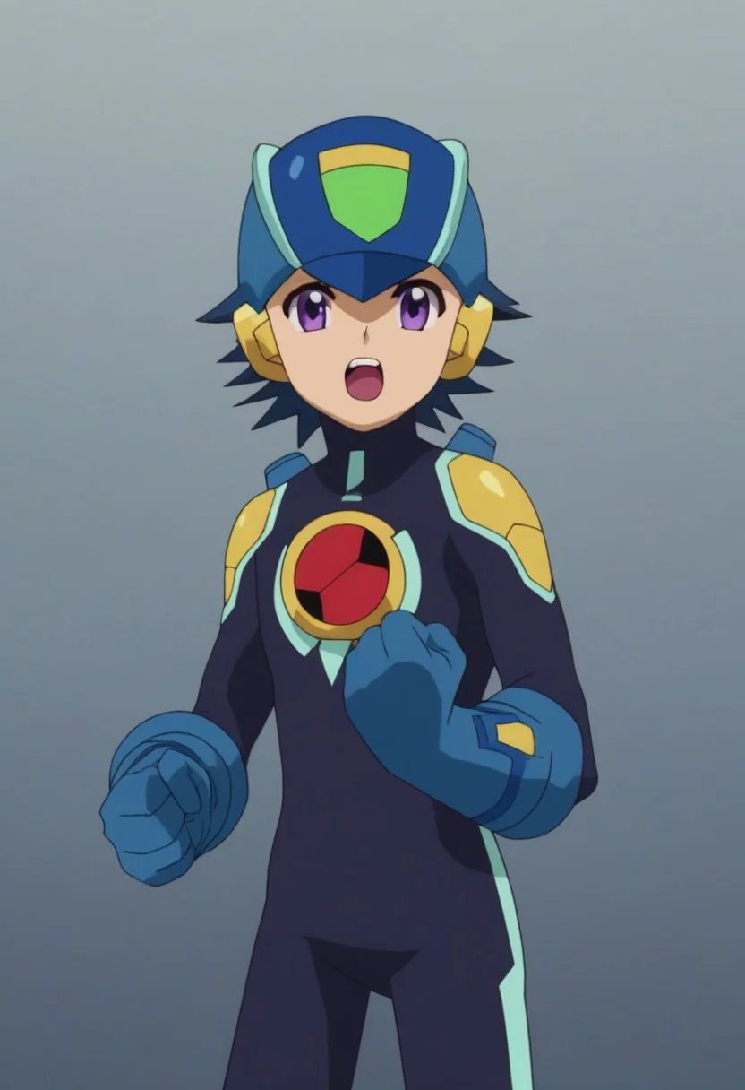score_9, score_8_up, score_7_up, score_6_up, score_5_up,score_4_up,source_anime
yu-yu kondo, blue hair, purple eyes, black bodysuit, solo, blue gloves, 1boy, male focus, bodysuit, open mouth, blue headwear, arm cannon, weapon, gloves, , teeth, clenched hand, looking at viewer, upper teeth only, cowboy shot
