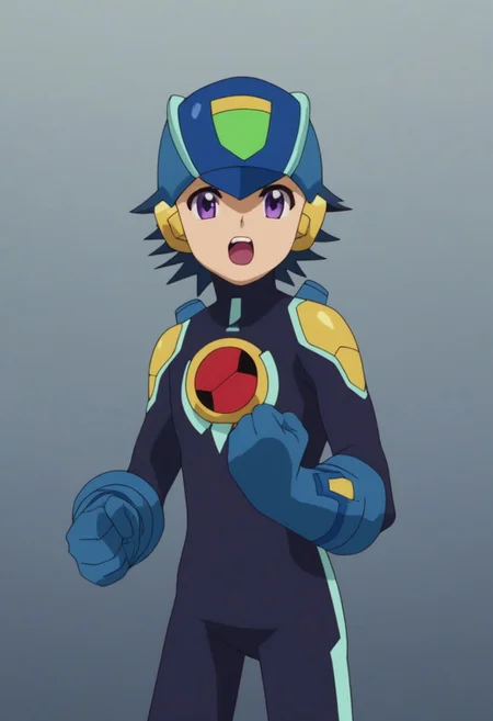 score_9, score_8_up, score_7_up, score_6_up, score_5_up,score_4_up,source_anime
yu-yu kondo, blue hair, purple eyes, black bodysuit, solo, blue gloves, 1boy, male focus, bodysuit, open mouth, blue headwear, arm cannon, weapon, gloves, , teeth, clenched hand, looking at viewer, upper teeth only, cowboy shot