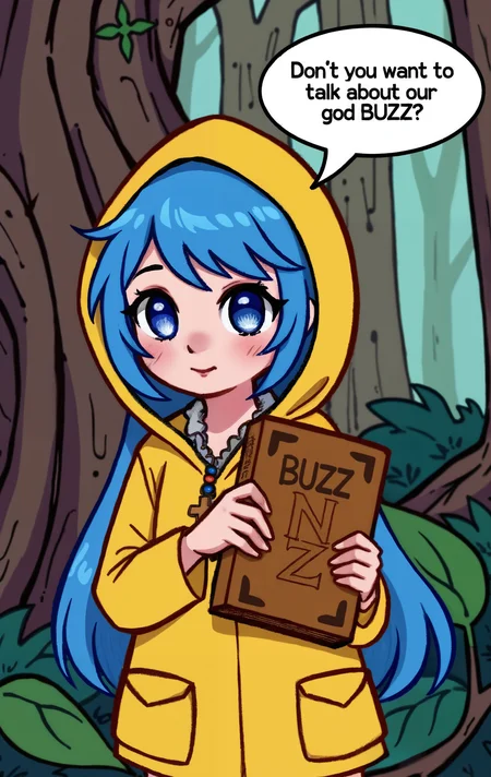 Luce, characterized by her iconic blue hair, large blue eyes, and signature outfit. dark fantasy, forest. She clutches a book with BUZZ written on it. Speech bubble - Don't you want to talk about our god BUZZ?  <lora:FLUX\luce_flux.safetensors:1.0:1.0> <lora:FLUX\detailed_v2_flux_ntc.safetensors:1.0:1.0>
