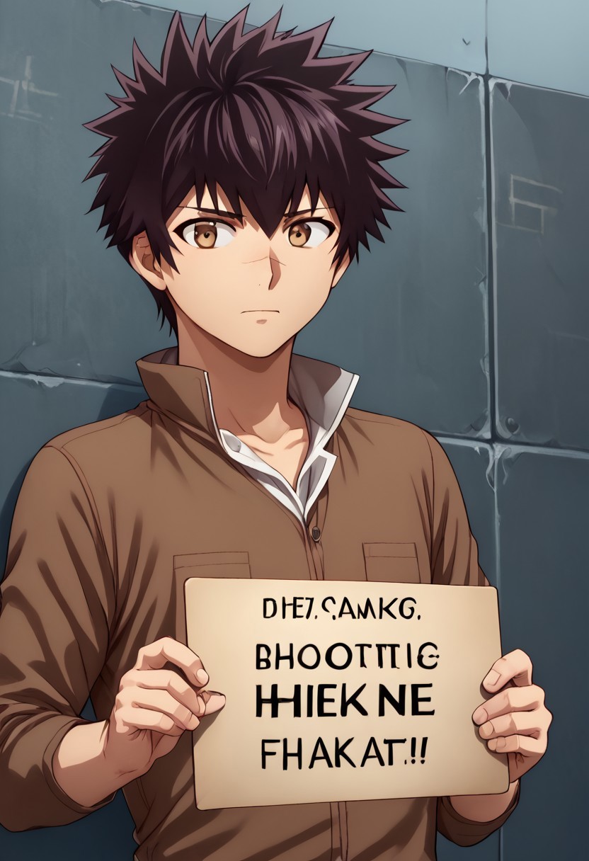 high resolution, solo, best quality, 1Boy, Kanata Hoshijima, Black hair, Brown Eyes, Holding a sign, message visible, engaging, direct,