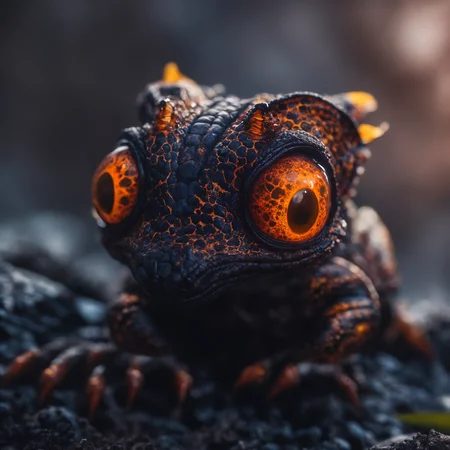 detailed expressive eyes, fantasy style, a cousin of the gummy doodlethorgle, the googly snargleboggle is a tiny creature that prospers in intense heat, building its assimplumized lairs in the flanks of active volcanoes on planet feebleflorm vii, here we get a good look at its scaly tail and intricate eyes as it lays in ambush to prey on the repulsive snickerdigger from the shadows of its fairyfrongled hideout, ultra high detail, ultra realistic, 8k