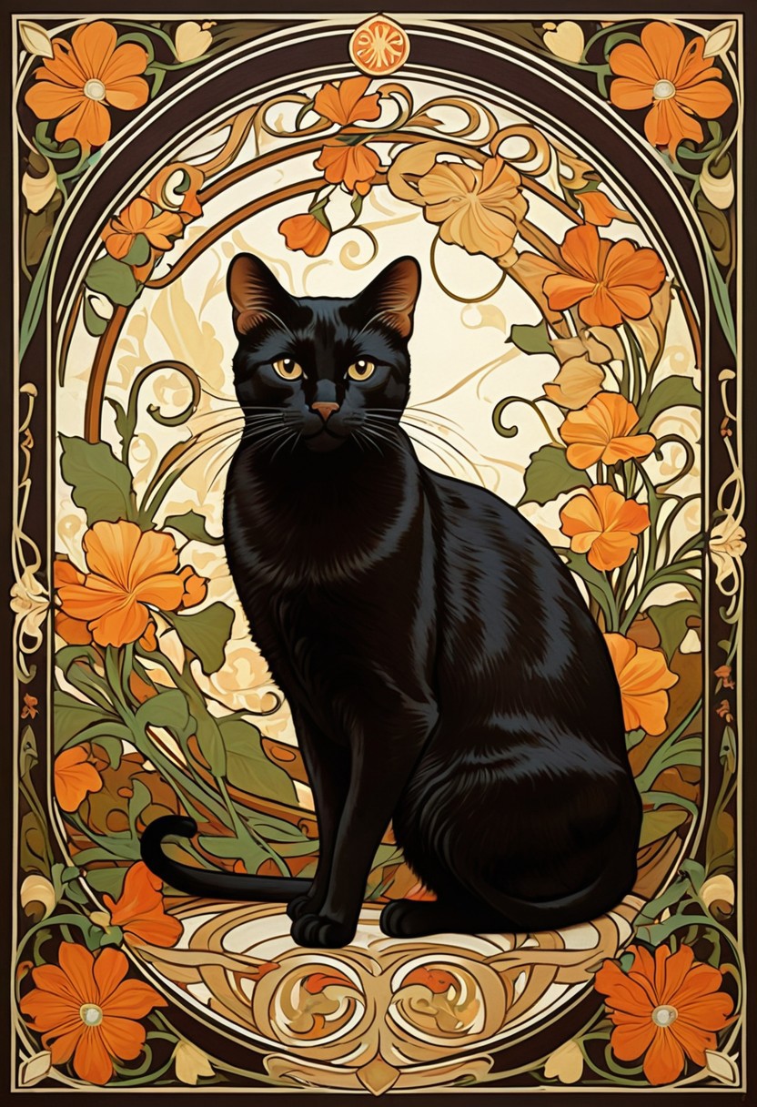 in Alphonse Mucha poster style|
masterpiece|
Black American domestic cat|
against a composition |
art nouveau, organic, flowery background|
small dancing playful mice in the background|
lithography, muted colors|
DOWDOW