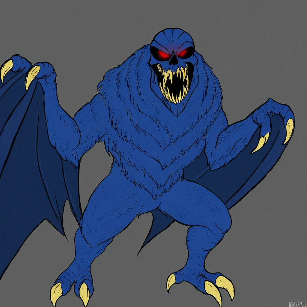 solomon, kaiju, demonic kaiju, no humans, humanoid, skull face, monster, dark blue fur, dark blue skin, glowing red eyes, sharp teeth, humanoid arms, sharp claws, bat wings coming out of his arms, bird feet with 3 white claws, 4-fingered hands with white claws, Red heat ray shot from mouth,