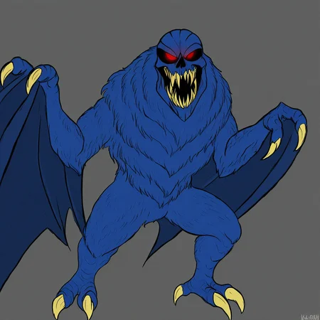 solomon, kaiju, demonic kaiju, no humans, humanoid, skull face, monster, dark blue fur, dark blue skin, glowing red eyes, sharp teeth, humanoid arms, sharp claws, bat wings coming out of his arms, bird feet with 3 white claws, 4-fingered hands with white claws, Red heat ray shot from mouth,