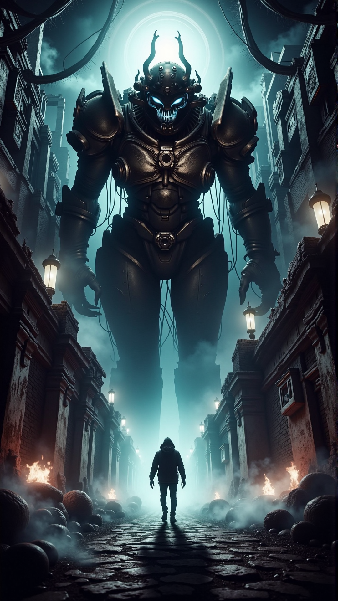 A realistic photo of a mech pilot descending into a cybernetic hell, underworld<lora:DarkmosphericFlux:1>