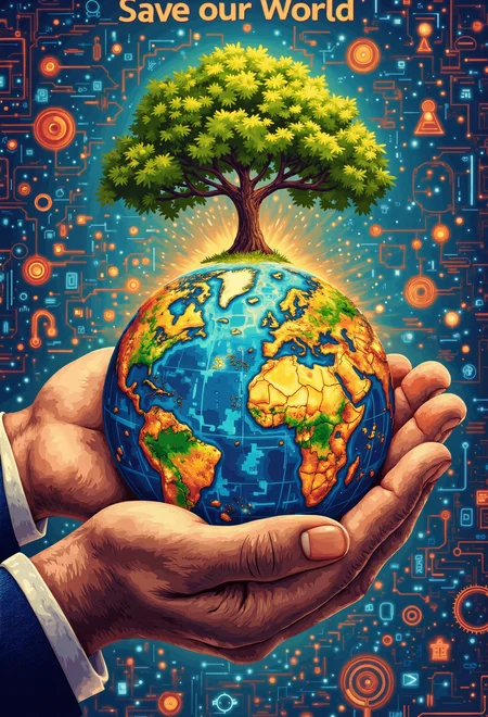 AI, Artificial Intelligence Concept, a digital world in his hand, on the top of the world a green tree, Futuristic technology transformation, Writing above "Save our World"