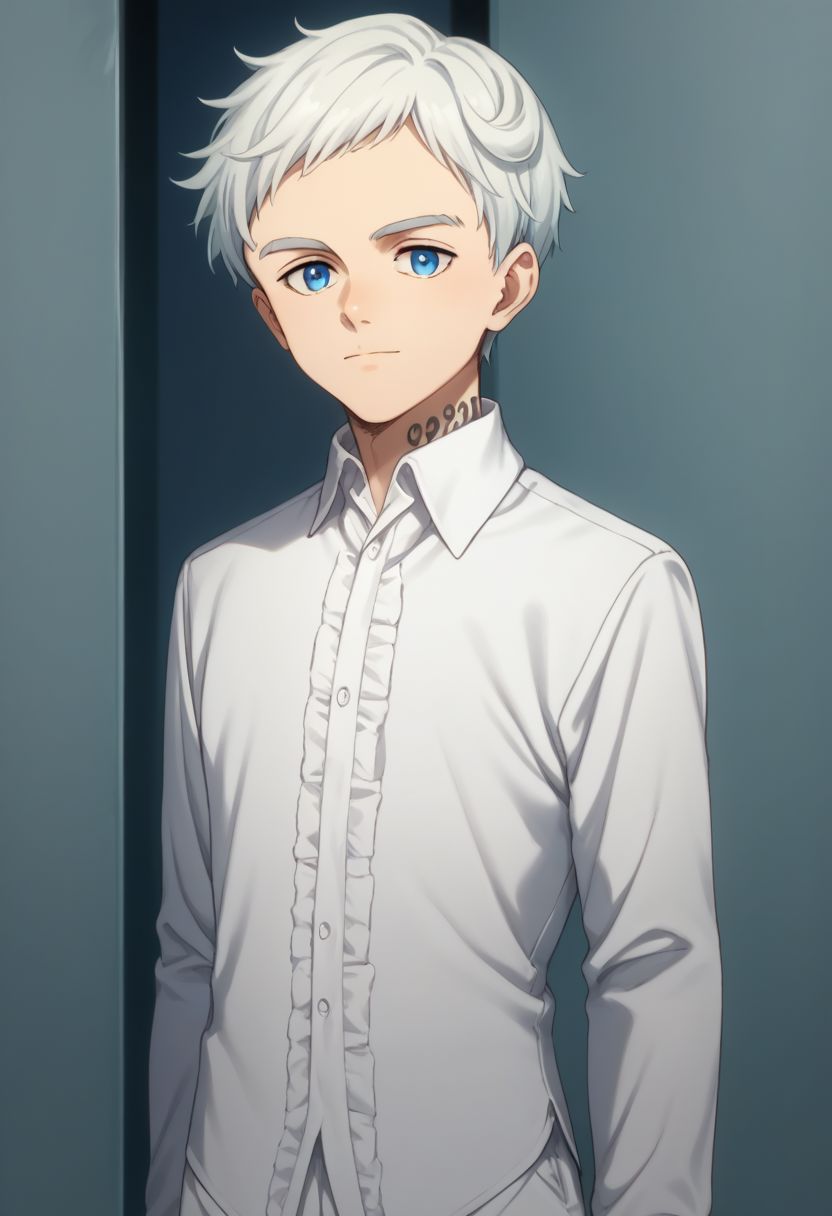 score_9, score_8_up, score_7_up, source_anime, highly detailed, 
norman, 1boy, blue eyes, male focus, solo, looking at viewer, upper body, shirt, white shirt, collared shirt, center frills, white pants, number tattoo, neck tattoo,
indoor,