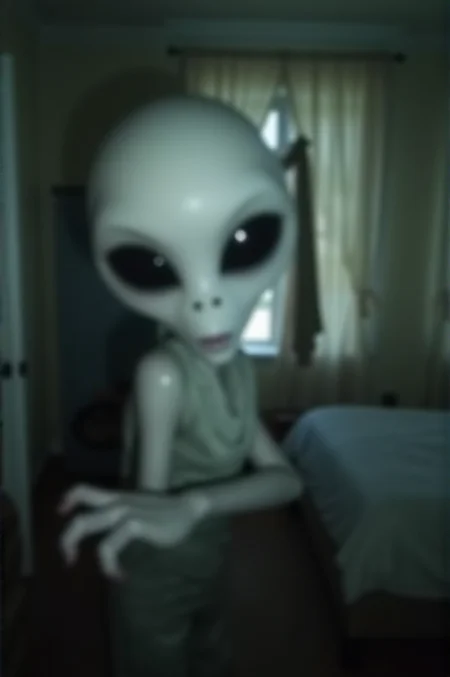 blurry photo of a grey alien grabbing the viewer, large black eyes, dim lighting, creepy looking, <lora:FLUX.1d_-_Blurry_Photos:1> blurfoto , interior bedroom, window opened with curtains