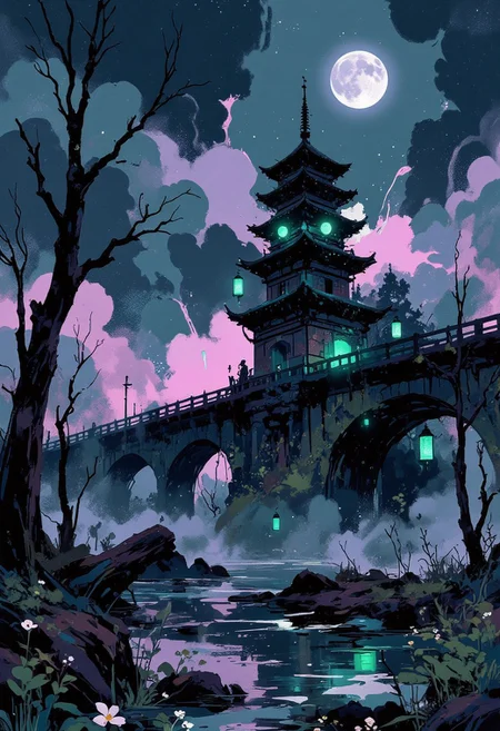 aidmafluxpro1.1, abstract style of Bruce Holwerda,
soft lighting with dynamic highlights,
A surrealistic landscape depicting a gloomy swampy area. In the middle of the swamp is a three-story wooden pagoda decorated with paper lanterns. The lanterns emit a mystical green light. A long aqueduct crossing the swamp leads to the pagoda. The swamp is lined with low, dried-up trees without leaves, reeds, and small white flowers. The sky is covered with heavy dark clouds, illuminated by the full moon. A pinkish magical smog hangs in the air. 
i11ustmin Illustration