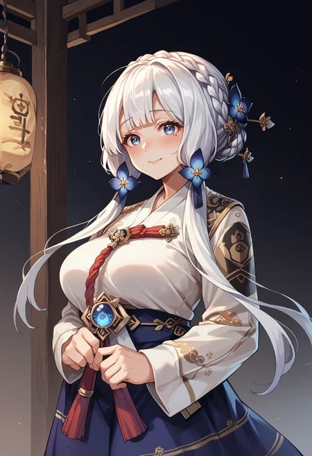 score_9, score_8_up, score_7_up,  mlillusreh, blue eyes, blush, crown braid, hair ornament, hair ribbon, hanbok, korean clothes, (large breasts:1.8), long hair, long sleeves, mole under eye, smile, white hair, blue skirt, gold trim, hair flower,   <lora:illustrious-hanbok-pdxl-v2:1>