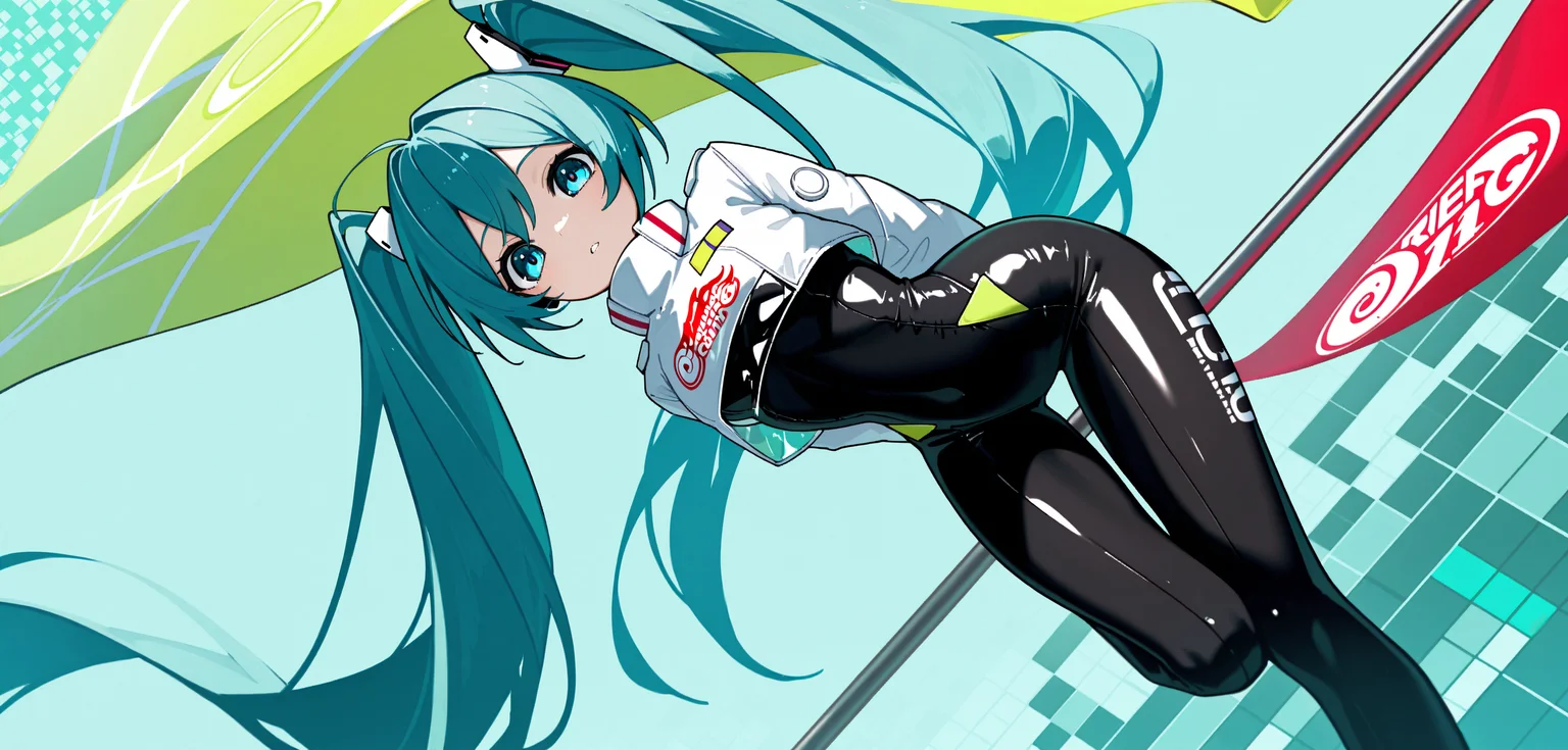 hatsune miku, racing miku, 1girl, solo, long hair, looking at viewer, blue eyes, long sleeves, holding, very long hair, twintails, cowboy shot, parted lips, aqua hair, bodysuit, thigh gap, cropped jacket, black bodysuit, pole, 
green yellow background, pixelated background, lime blue theme, absract background, full body, arms behind back, racing flag holding,
rating safe, eitmksg,
masterpiece, best quality, amazing quality, highres, newest,  <lora:eitmksg:1.0>