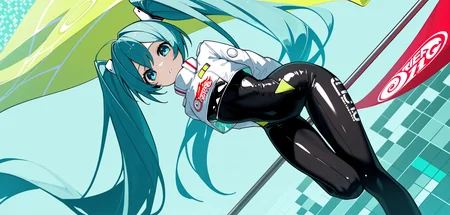 hatsune miku, racing miku, 1girl, solo, long hair, looking at viewer, blue eyes, long sleeves, holding, very long hair, twintails, cowboy shot, parted lips, aqua hair, bodysuit, thigh gap, cropped jacket, black bodysuit, pole,
green yellow background, pixelated background, lime blue theme, absract background, full body, arms behind back, racing flag holding,
rating safe, eitmksg,
masterpiece, best quality, amazing quality, highres, newest, <lora:eitmksg:1.0>