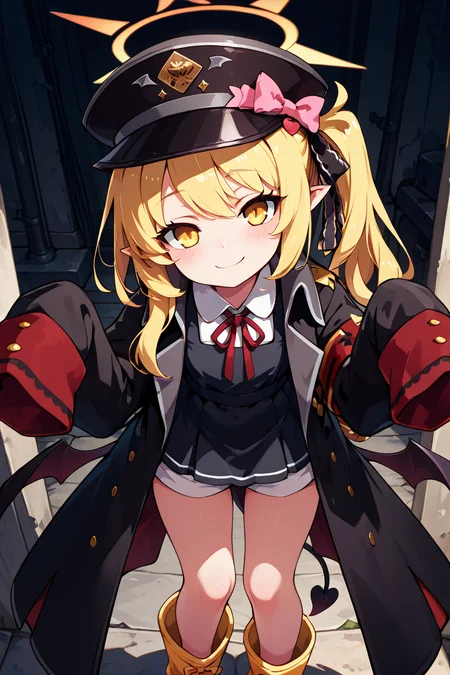 masterpiece, best quality, 1girl, solo, 21 year old model, eyelashes, (beautiful eyes), ,,, zzIbuki, yellow eyes, yellow halo, blonde hair, long hair, tail, side ponytail, horns, demon horns, black horns, hair ribbon, pointy ears, wings, demon wings, black wings, tail, demon tail, horns, black tail, demon horns, black horns, demon girl, low wings, hair ribbon, neck ribbon, black headwear, red ribbon, peaked cap, black coat, collared shirt, long sleeves, open coat, pinafore dress, sleeves past fingers, black dress, hat bow, white shirt, yellow footwear, boots, white shorts, oversized clothes, red armband, military hat, pink bow, <lora:IbukiBlueArchiveIXL:1.0>,,,, smile, looking at viewer, leaning forward, head tilt, blush,,, <lora:CatalystIXL:0.7>, <lora:ZankuroIXLLight_v2:0.6>, <lora:princess_xl_v2:0.3>,