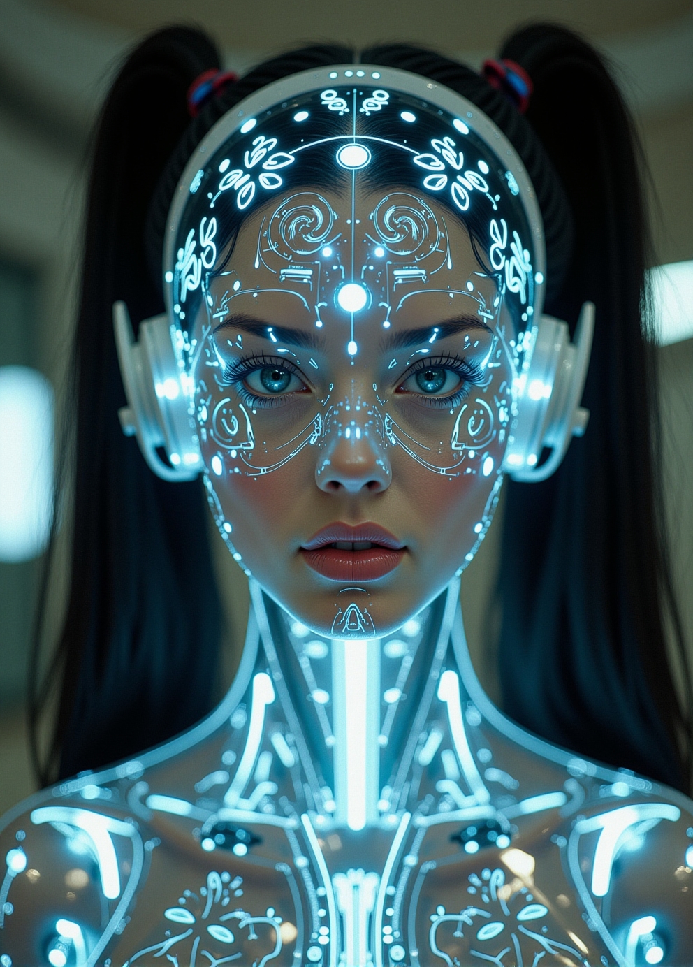 <lora:ck-Neurocore-Realistic-Cyborgs:1.0> in the style of ck-ncr,  image depicts a woman as an android cyborg with ceramic glowing bio ink face parts, full transparent glass head with intricate mechanical parts, long, dark hair styled in two high pigtails, Sci-fi movie
(style by George Shaw),shallow depth of field, vignette, (Fujicolor Superia X-TRA 400)
<lora:BioInk2FLUX:0.34>