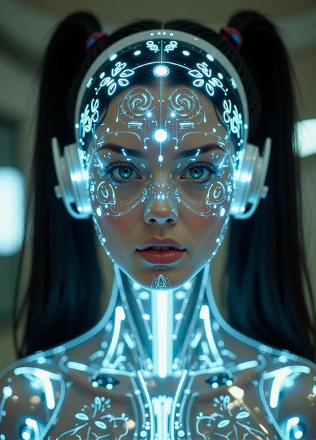 <lora:ck-Neurocore-Realistic-Cyborgs:1.0> in the style of ck-ncr,  image depicts a woman as an android cyborg with ceramic glowing bio ink face parts, full transparent glass head with intricate mechanical parts, long, dark hair styled in two high pigtails, Sci-fi movie
(style by George Shaw),shallow depth of field, vignette, (Fujicolor Superia X-TRA 400)
<lora:BioInk2FLUX:0.34>