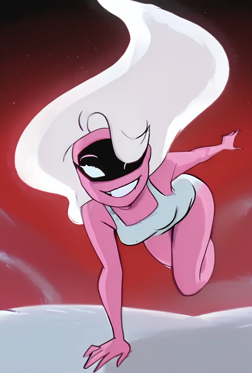 <lora:anogirl-10:1> 1girl, anodite girl, pink skin, long white hair, smile, solo, no ears, hair covering one eye,  dynamic pose,  <lora:BatSup_Anim_90s_ILXL:1> batsup90xl, flat color, 90s, masterpiece, best quality, amazing quality, very aesthetic, absurdres, newest,
