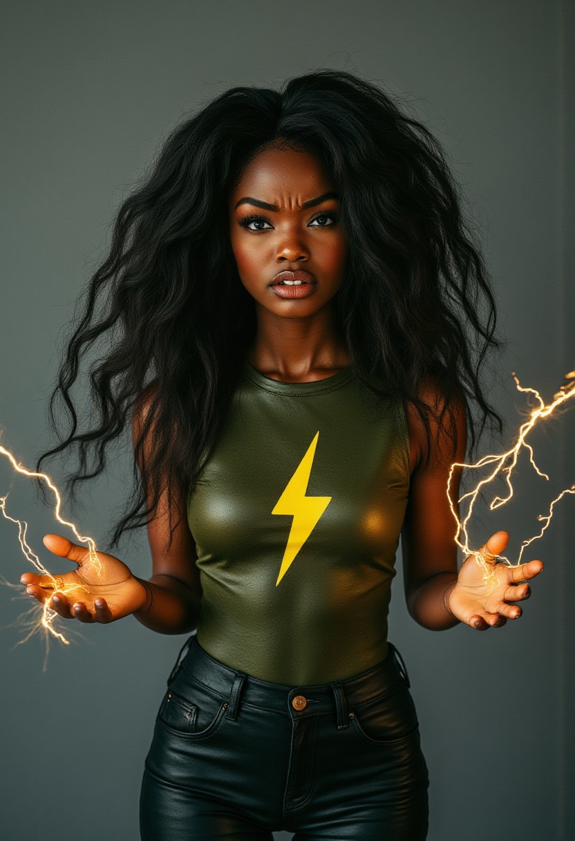 FictionalAbby a black girl, shooting black lightning from her hands. Wearing a green leather bodysuit with a yellow lightningbolt symbol and levitating. Electric font text "Buzz Queen"
