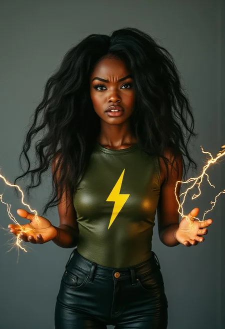 FictionalAbby a black girl, shooting black lightning from her hands. Wearing a green leather bodysuit with a yellow lightningbolt symbol and levitating. Electric font text "Buzz Queen"