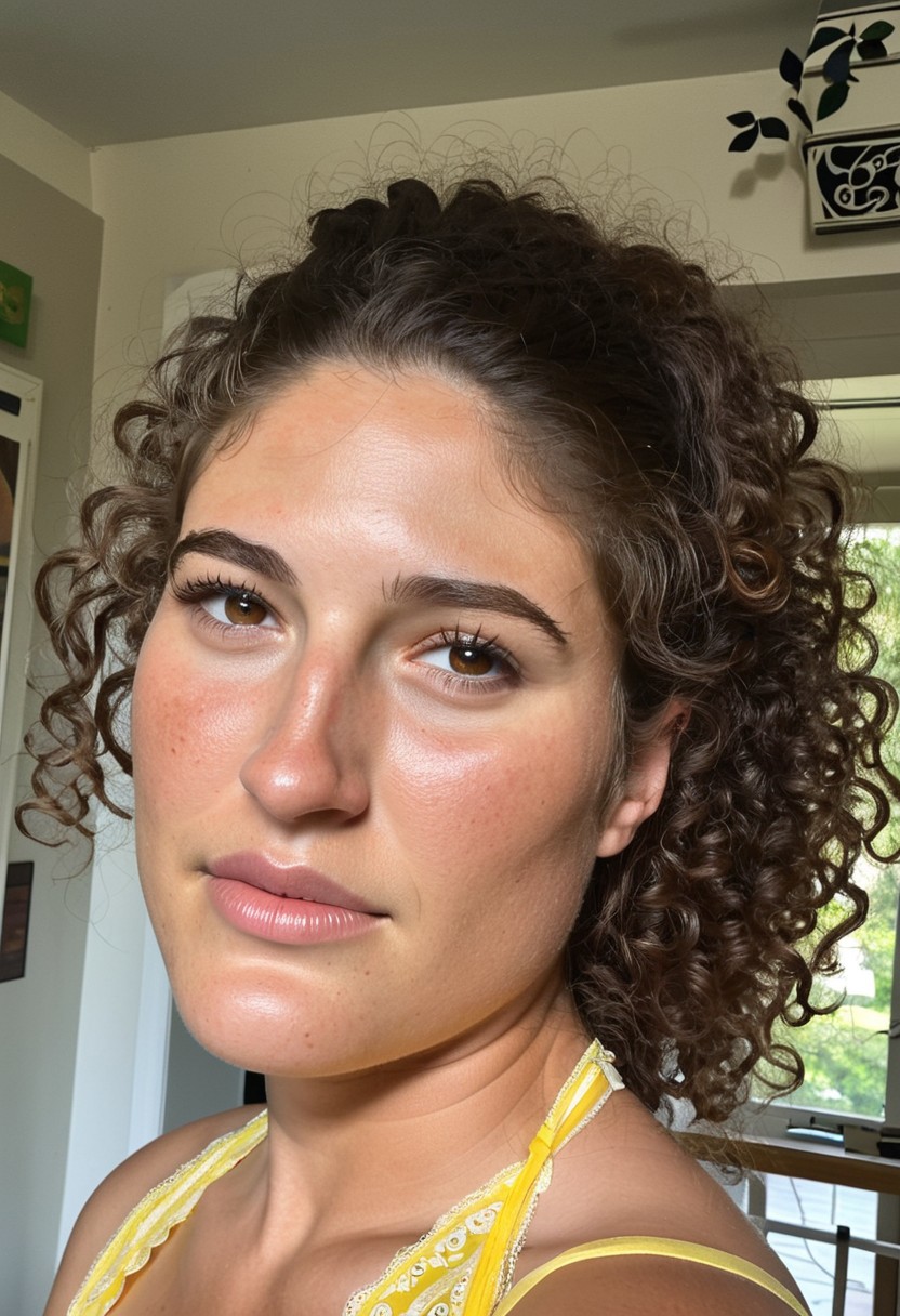 masterpiece, natural look, best quality, amazing quality, 1woman, looking at viewer, realistic face, curly brown hair, low ponytail, satisfaction, dress, face tired, closeup, upper body focus, dappled lighting, well lit room, bedroom