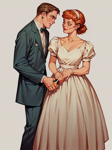 score_9, score_8_up, score_7_up, score_6_up,   <lora:r3tr0XLP:1> r3tr0, 1girl, 1boy, suit, dress, oil painting,