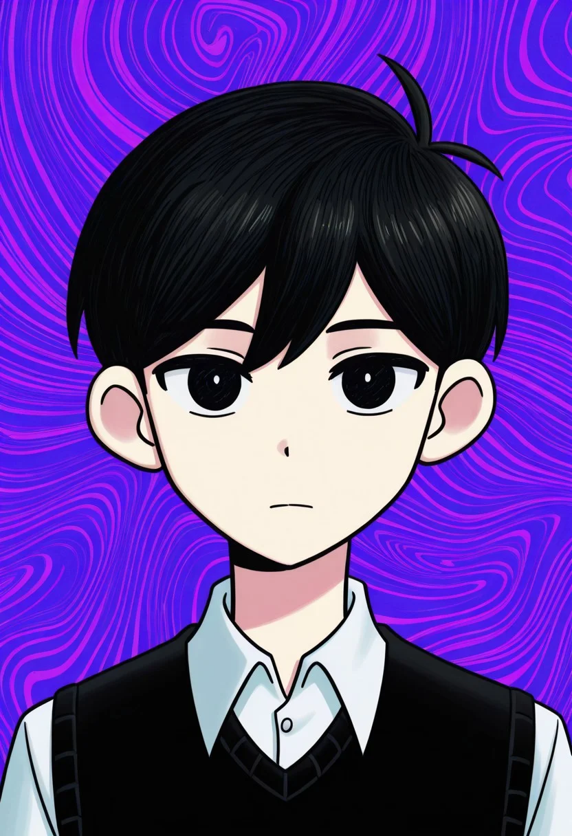 masterpiece, best quality, highres, spacechoochoo, BREAK, 1boy, solo, sunny /(omori/), expressionless, looking at viewer, portrait, psychedelic background